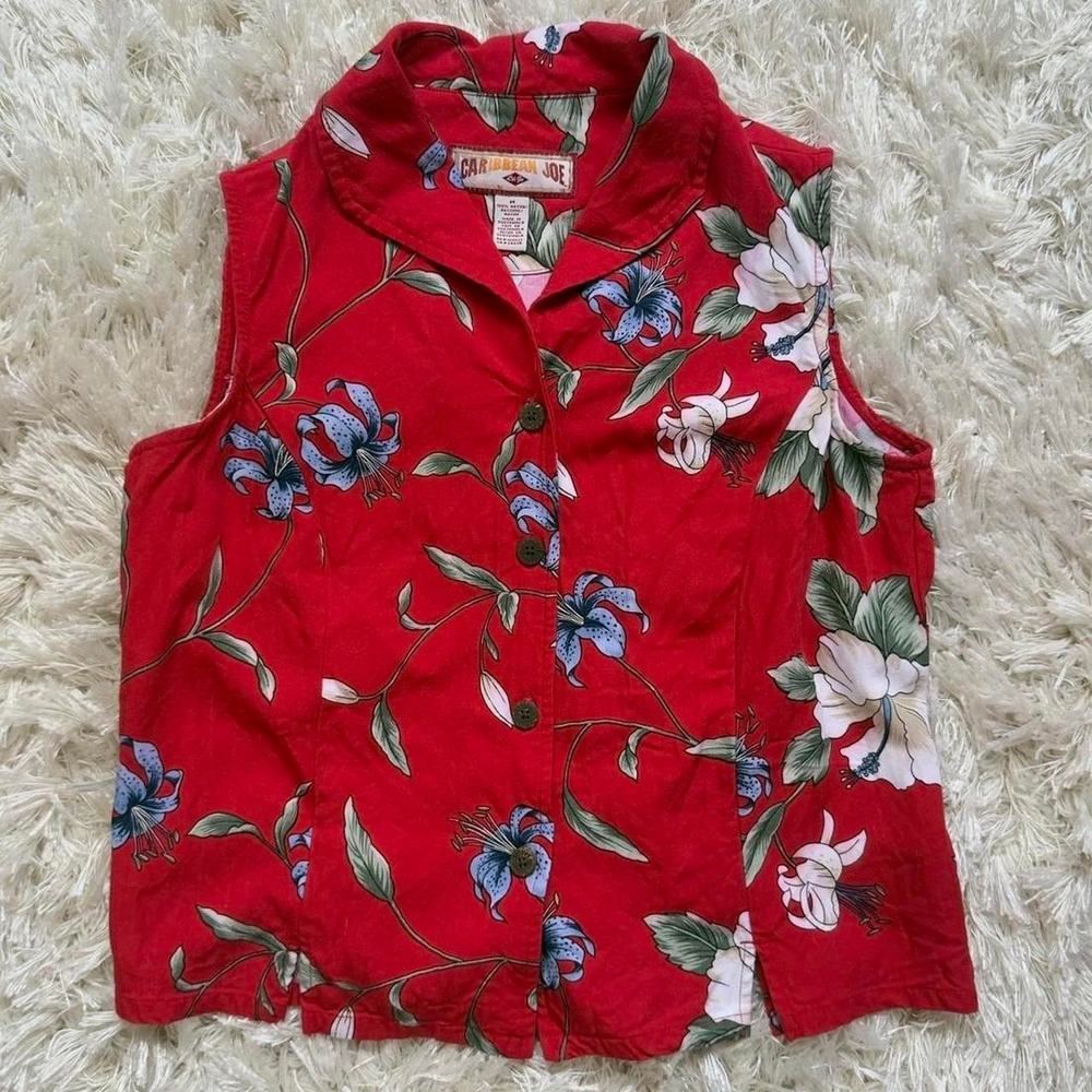 Vintage Caribbean Joe Red Tropical Floral Rayon Coconut Button Camp Shirt Top M